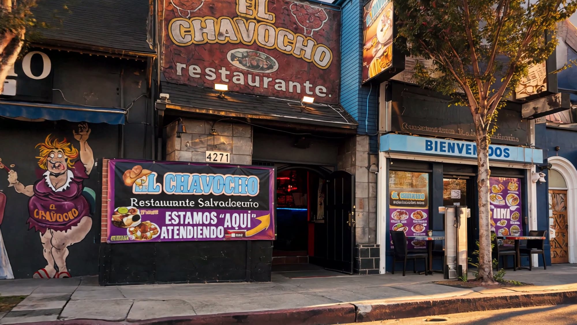 The hand-painted El Chavocho storefront with the Salvadoran mural and restaurante sign